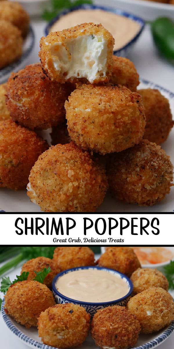Two photos of shrimp poppers on a white plate with a sauce and the title of the recipe between the two photos.