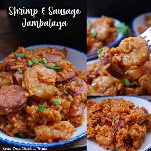 A three collage photo of jambalaya with sausage, shrimp, and rice.