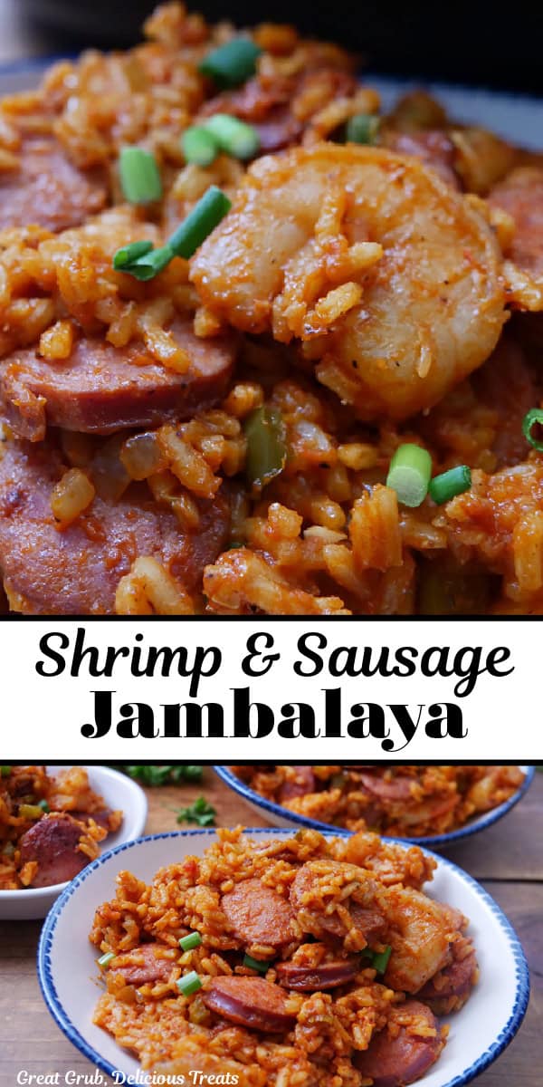 A double collage photo of jambalaya with sausage and shrimp with the title of the recipe in text in the center of the two photos.