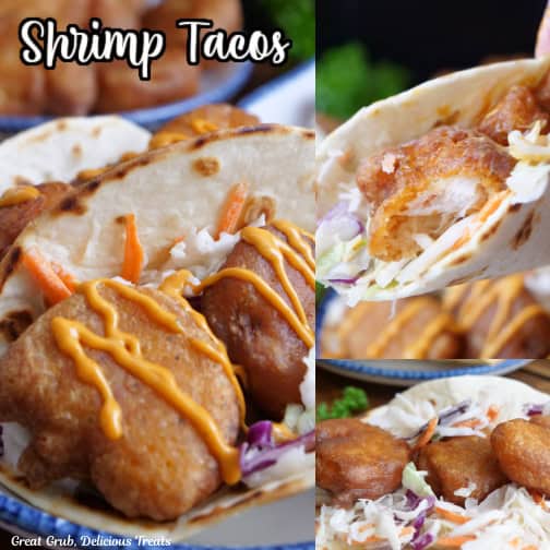 A three collage photo of fried shrimp tacos with the title of the recipe in text at the top of the photo.