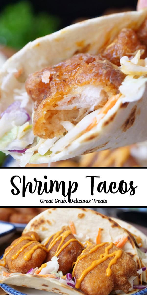 A double collage photo of fried shrimp tacos with the recipe name in text in the center of the two photos.