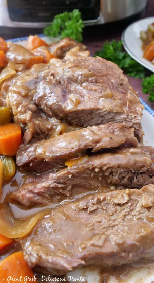 A chuck roast on a white plate with blue trim.