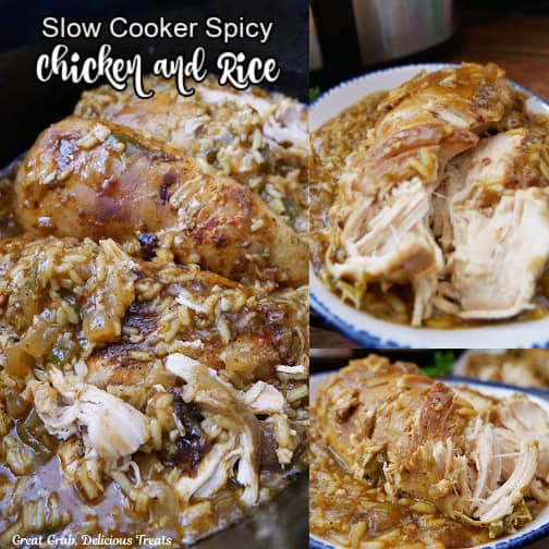 A three photo collage of slow cooked chicken and rice.