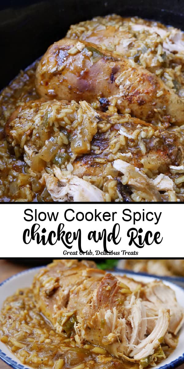 Two photos of slow cooked chicken and rice with the title of the recipe in text in the center between the two pictures.