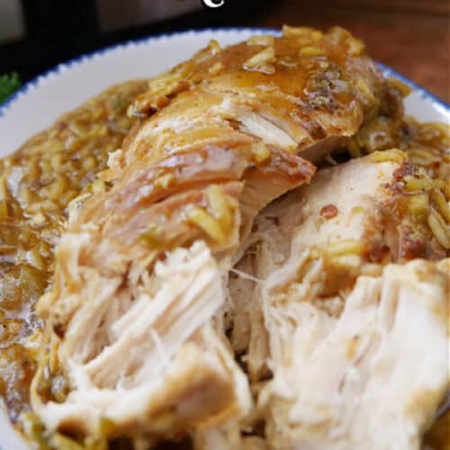 A white plate with blue trim with slow cooked chicken breasts and rice on it.