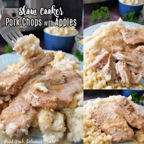 Slow Cooker Pork Chops with Apples is a simple and easy crockpot recipe that makes the most tender and flavorful pork chops. A three photo collage of tender pork chops with apples, served with potatoes and corn.