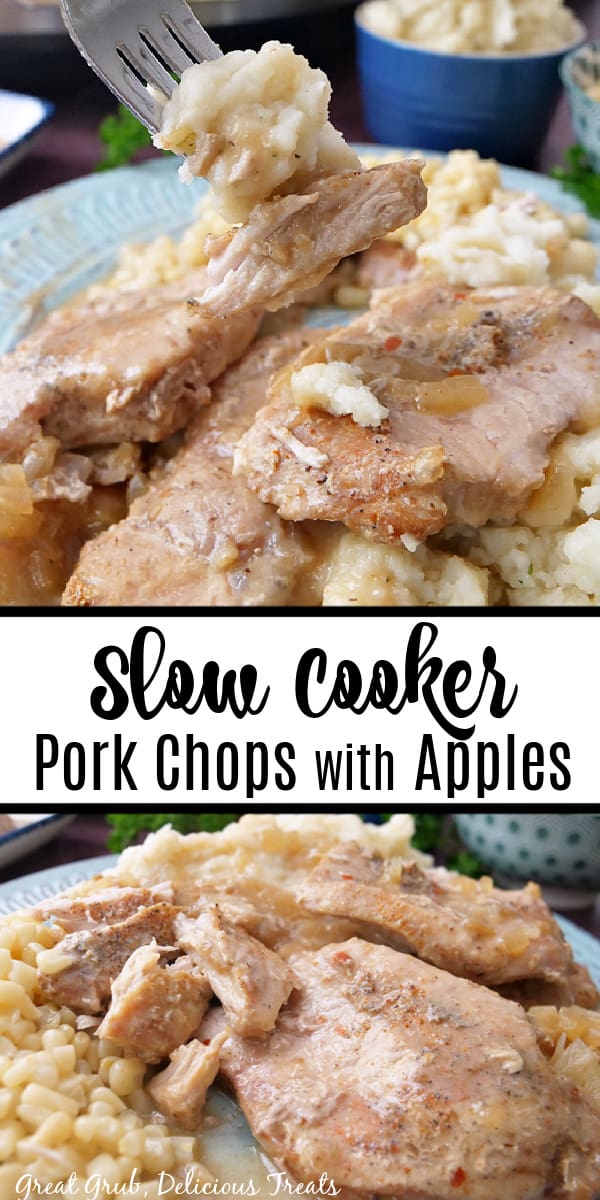 Slow Cooker Pork Chops with Apples is a flavorful and delicious pork chop recipe that is made with freshly sliced apples, onion soup mix, and the perfect blend of seasonings. A double photo collage of pork chops sitting on top mashed potatoes, covered in gravy.