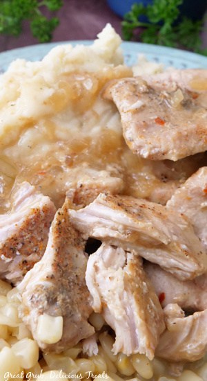 Slow Cooker Pork Chops with Apples is a delicious pork chop recipe that is loaded with so much flavor. An overhead shot of a plate of mashed potatoes and tender pork chops on top.