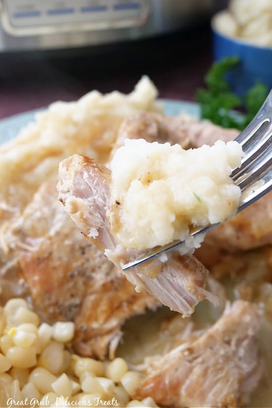 Slow Cooker Pork Chops with Apples is a super flavorful and delicious pork chop recipe that is made with fresh apples, onion soup mix, and tender pork chops. A bite of pork chops on a fork.