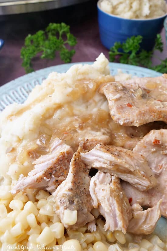 Slow Cooker Pork Chops with Apples are super tender, flavorful, and absolutely delicious pork chops that are easily made right in the crock pot. A light blue plate with pork chops, mashed potatoes and white corn on it.