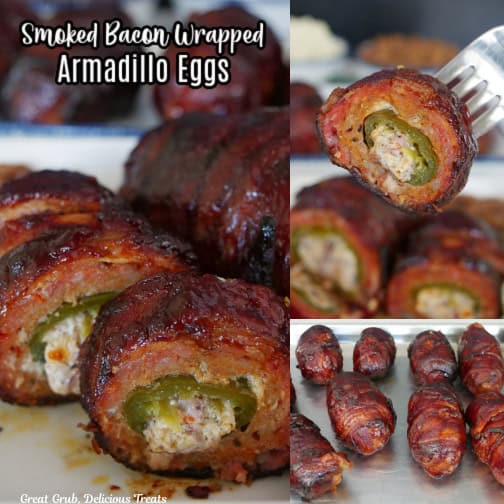 A three collage photo of smoked bacon wrapped armadillo eggs with the title of the recipe at the top.
