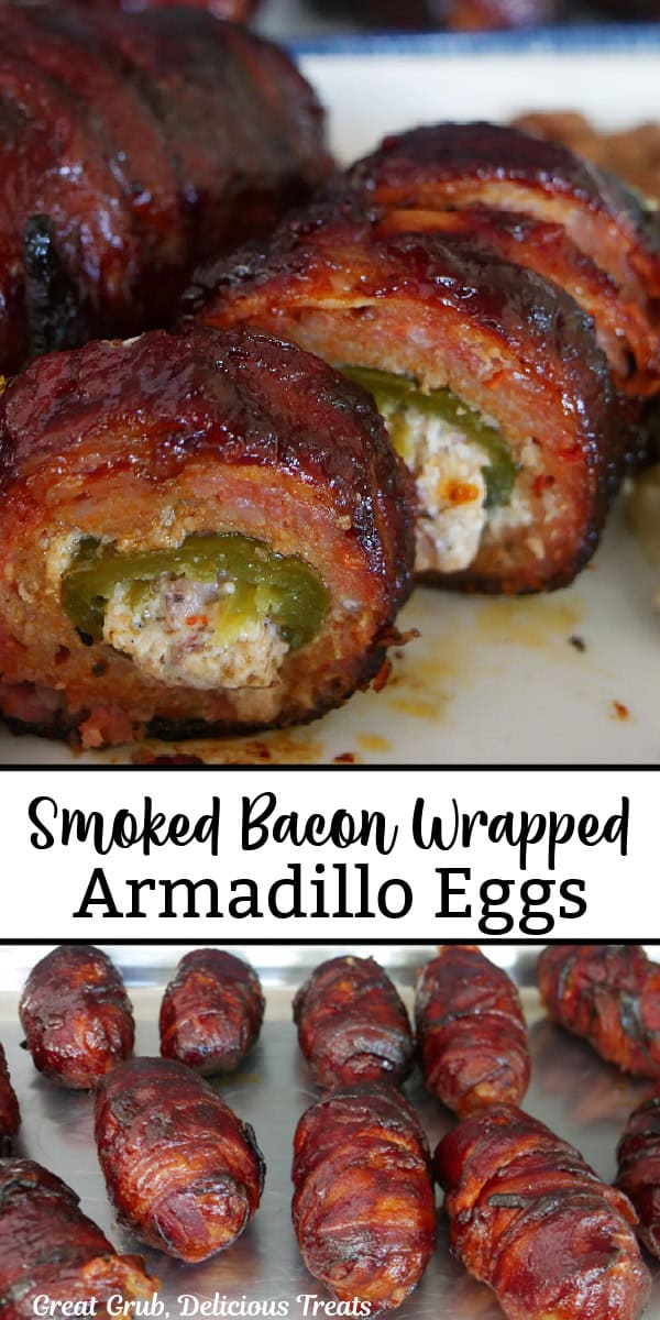 A double collage photo of smoked armadillo eggs that are wrapped in bacon.