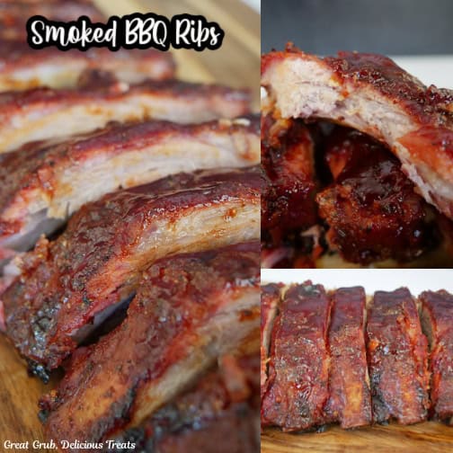 A three collage photo of smoked BBQ ribs with the title of the recipe at the top of the photo.