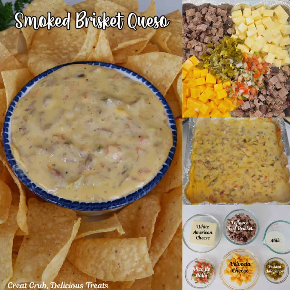 A four collage photo of smoked brisket queso and that ingredients needed to make it.