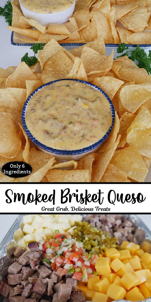 A double collage photo of smoked brisket queso with the title of the recipe in text between the two photos.