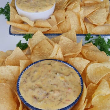 Two white bowls filled with smoked brisket queso with tortilla chips placed around each bowl.
