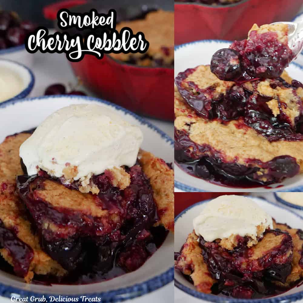 A three collage photo of smoked cherry cobbler with the title at the top of the photo.