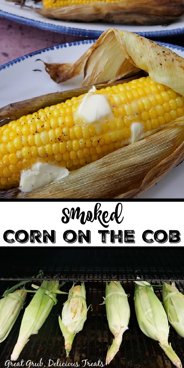 A double photo collage of smoked corn on the cob.