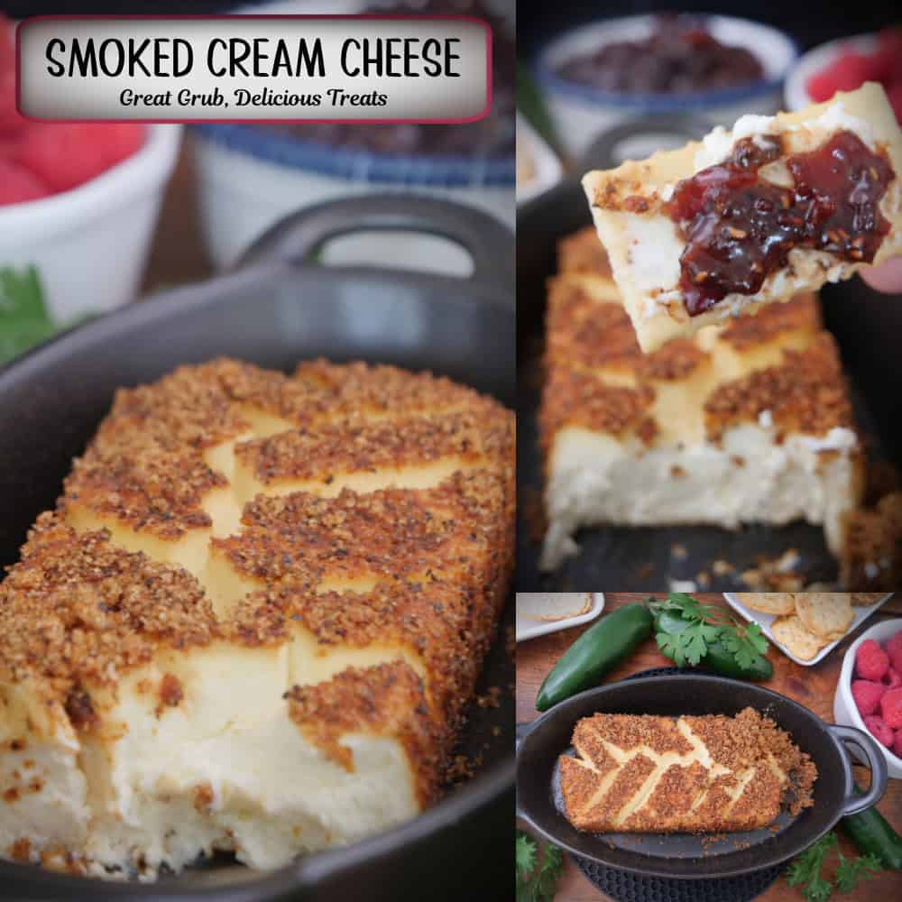 A three photo panel of smoked cream cheese with a title overlay at the top.