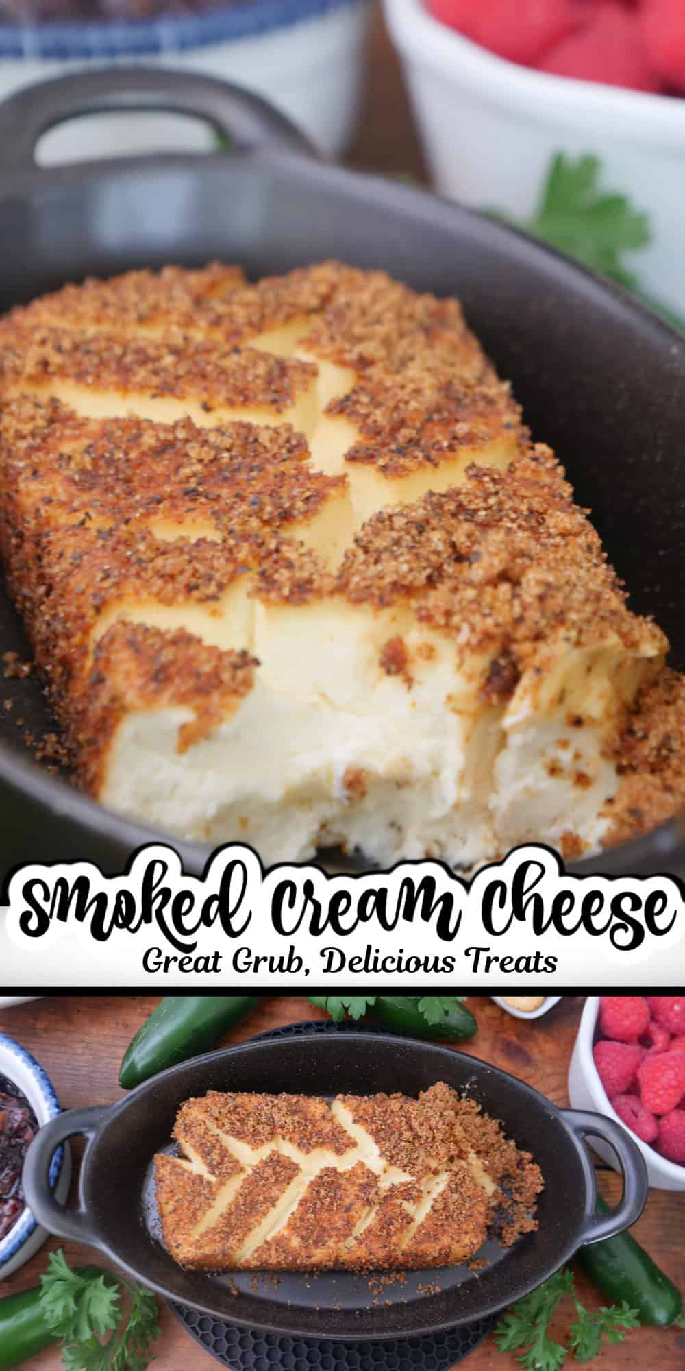 A two-panel photo collage of smoked cream cheese with a title overlay in the center.