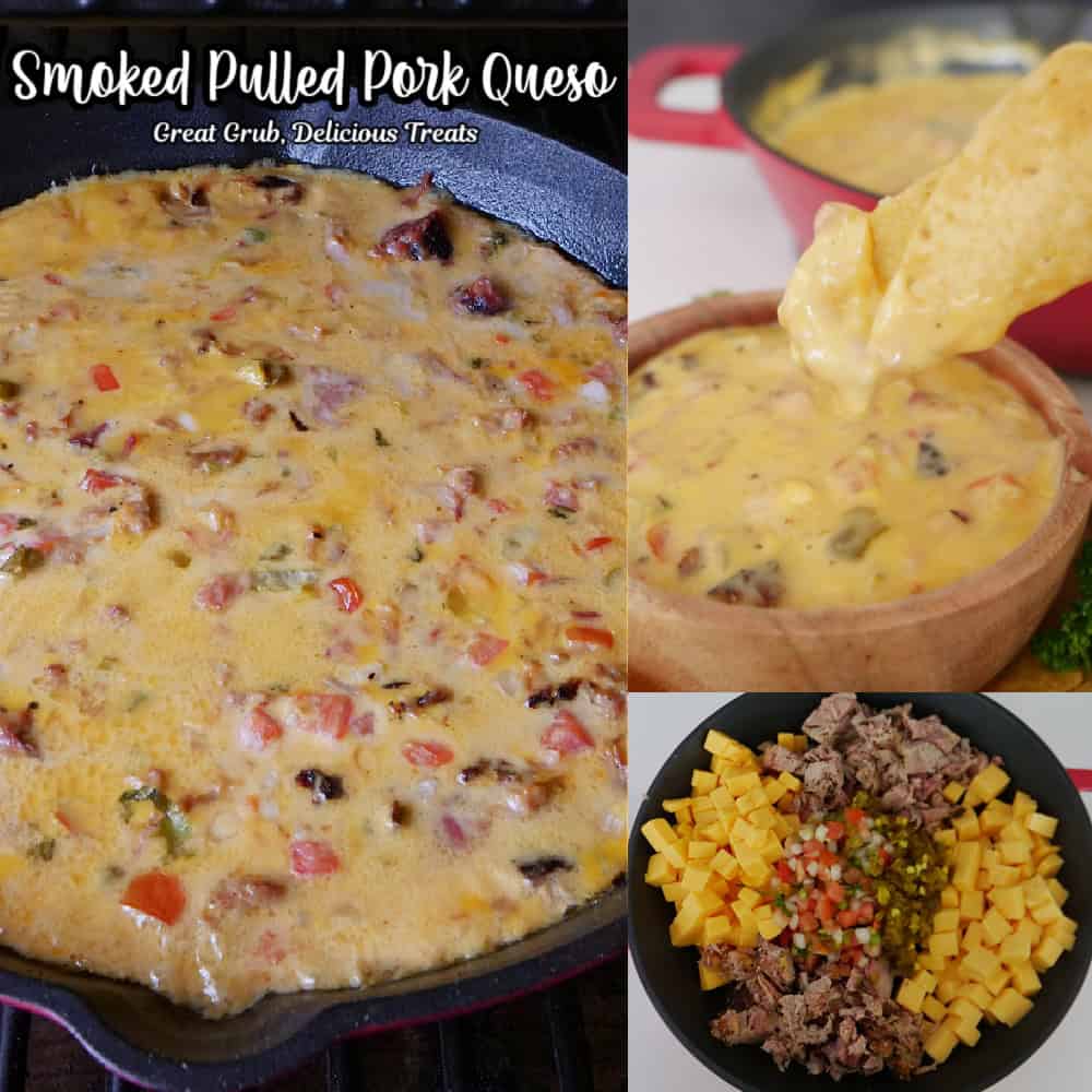 A three collage photo of pulled pork queso with the title of the recipe in text at the top.