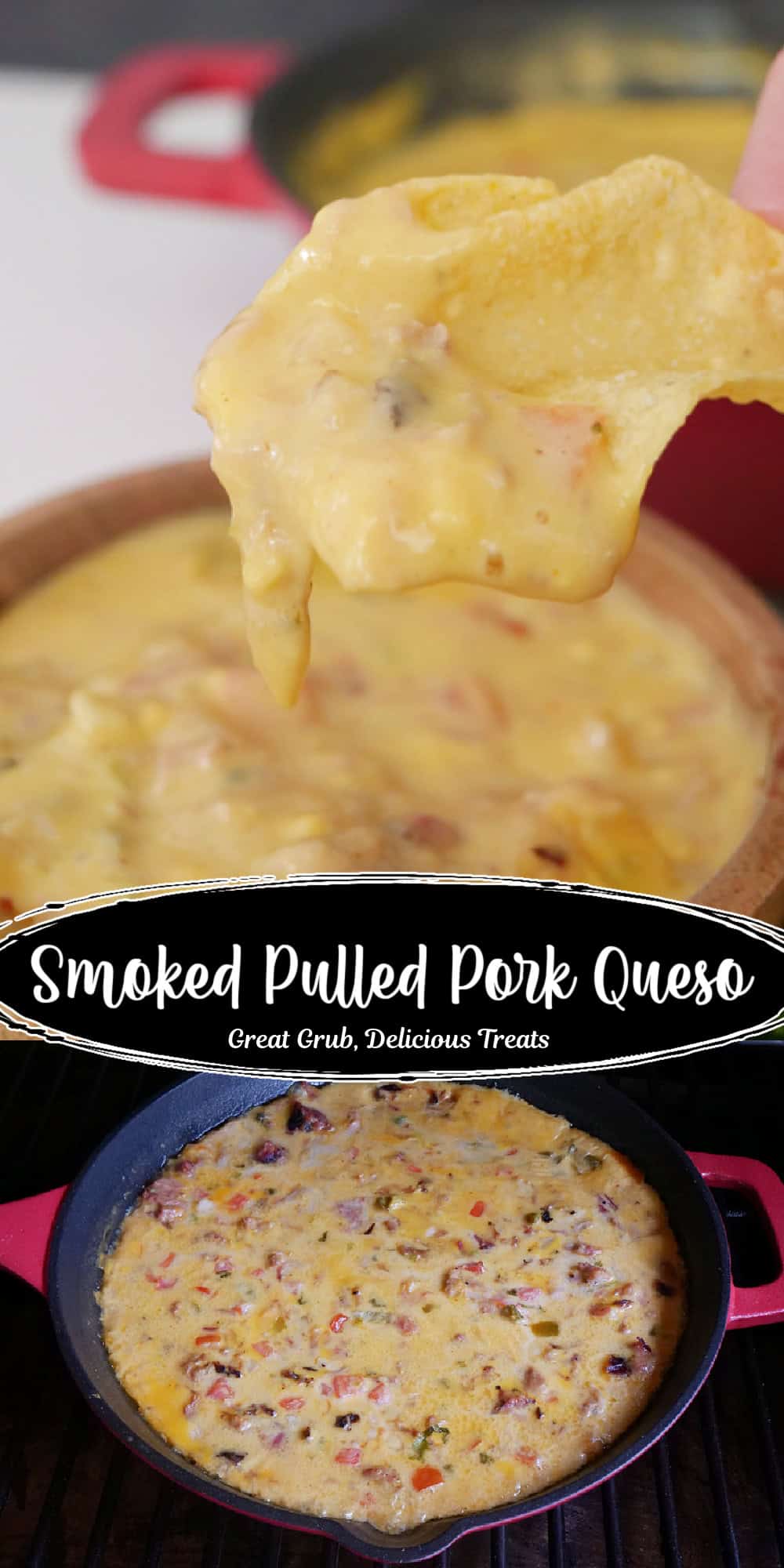 A double collage photo of smoked pulled pork queso in a red cast iron pan with the title of the recipe between the two photos.