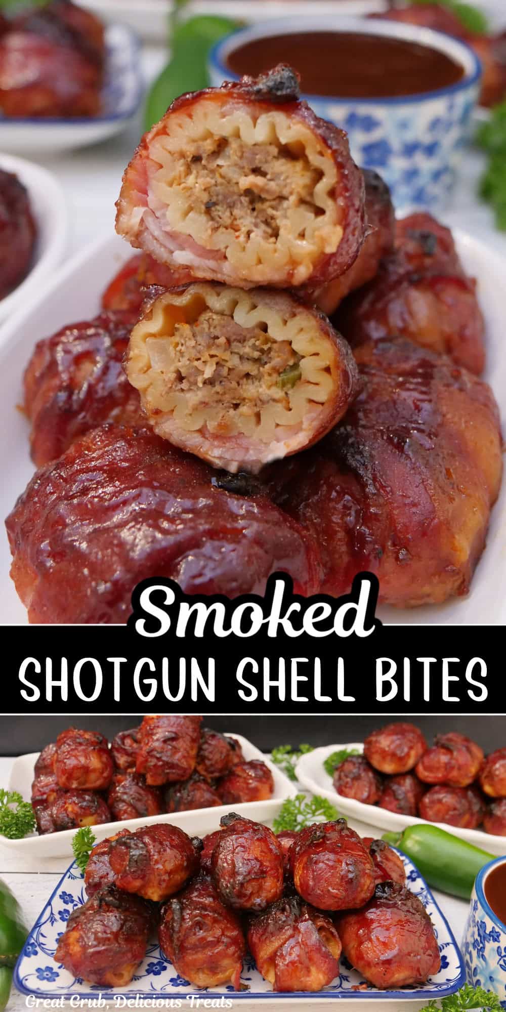 Two photos of smoked shotgun shell bites with the title overlay in the center.