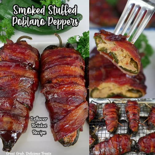 A three collage photo of stuffed poblano peppers wrapped in bacon and smoked to crispy perfection.
