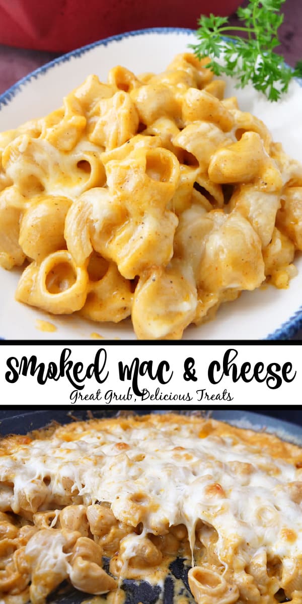 Smoked Mac and Cheese is creamy, smokey, and loaded with five different types of cheese. A double photo collage of mac and cheese in a cast iron and a servings in a white bowl.