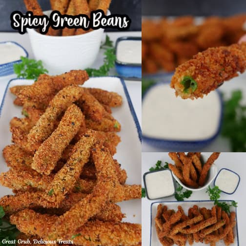 A three collage photo of crispy deep fried spicy green beans with the title of the recipe, in text, at the top.