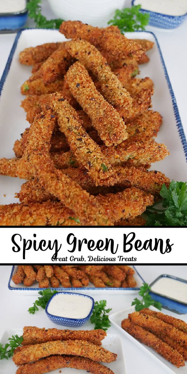 A double collage photo of spicy green beans with the title of the recipe, in text, in the center.