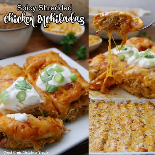 Three chicken enchilada photos in a collage with the title of the recipe at the top in text.