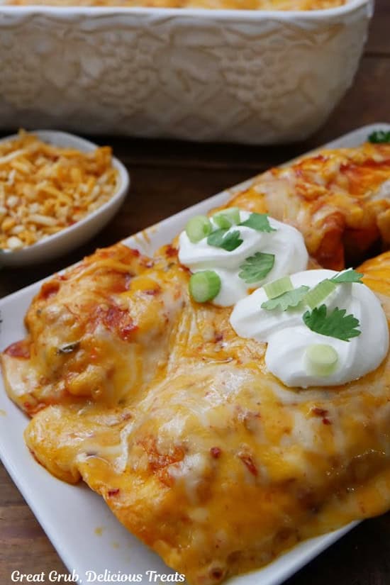A white oblong plate with two chicken enchiladas on it.