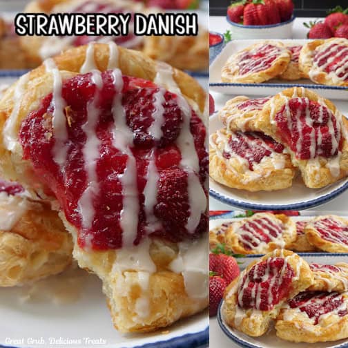 A three collage photo of strawberry danish.