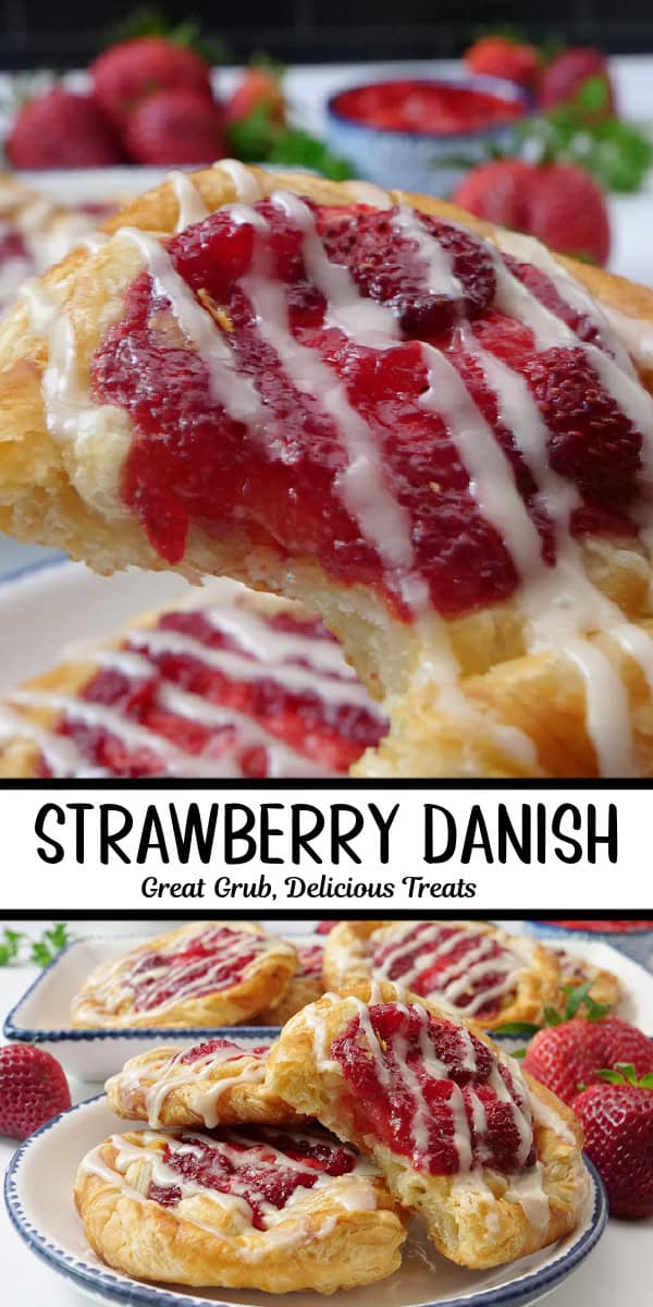 A double collage photo of strawberry danishes.