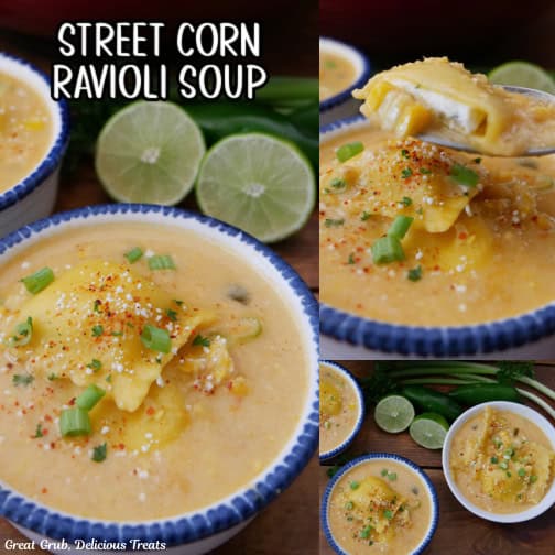 A three photo collage photo of street corn ravioli soup.