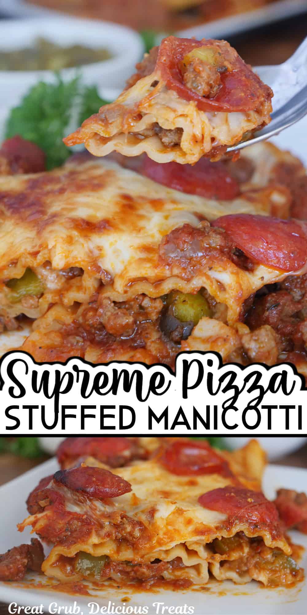 A double collage photo of supreme pizza stuffed manicotti with the title overlay in the center.