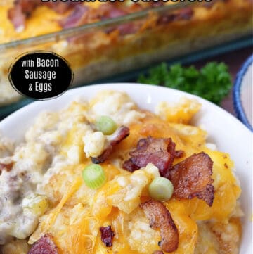 A title picture with a bowl filled with a serving of breakfast casserole.