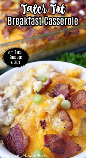 A white bowl filled with breakfast casserole and a casserole dish in the background.