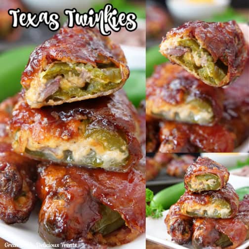 A three photo collage of Texas Twinkies which are stuffed bacon wrapped jalapenos.