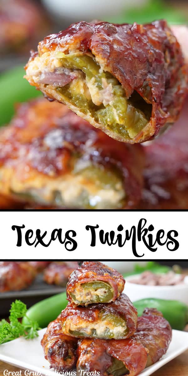 A double photo collage of stuffed jalapenos wrapped in bacon.