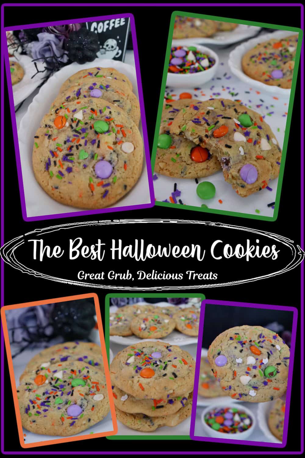 A collage of five photos of Halloween cookies with the title of the recipe in the middle of the photo.