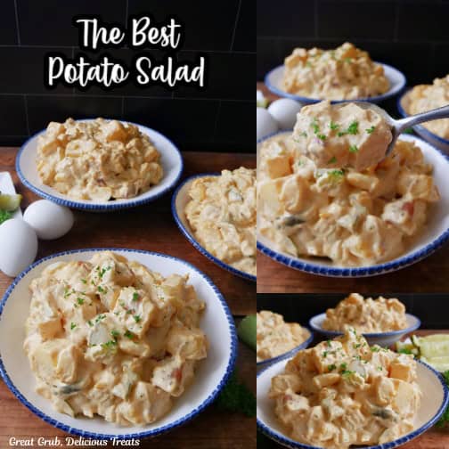 A three photo collage of two white bowls with blue trim filled with the best potato salad.