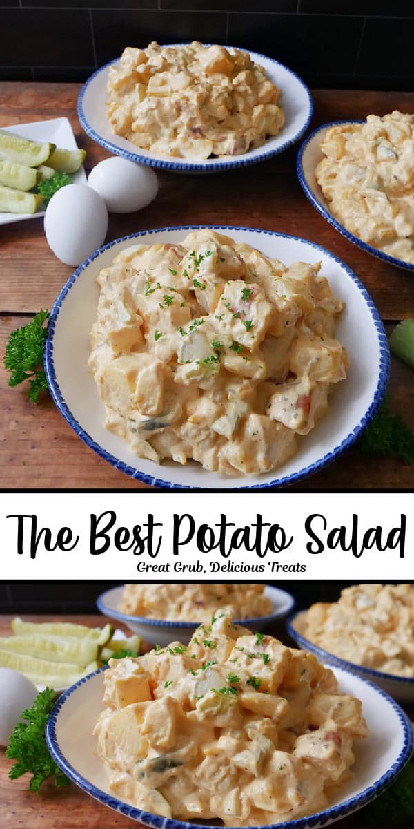 A double collage photo of potato salad in white bowls with blue trim.