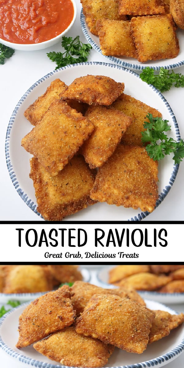 A double photo collage with deep fried raviolis on white plates with blue trim.