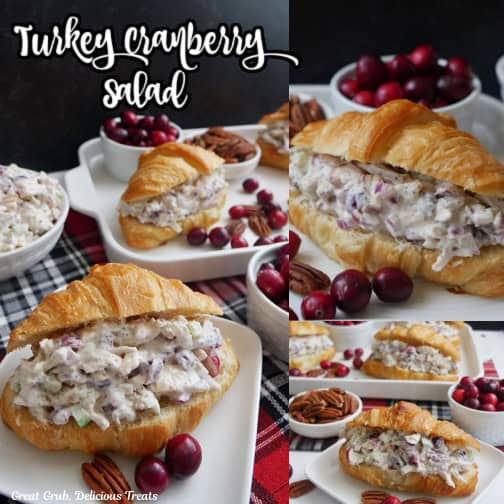 A three collage photo of turkey cranberry salad in croissants with the title of the recipe in text at the top of the photo.