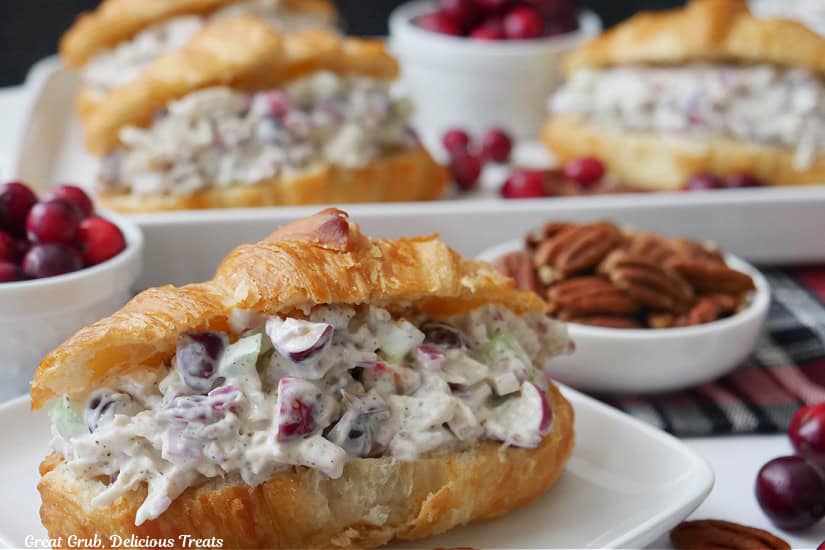 A couple white plates with four crescent sandwiches filled with turkey cranberry salad.