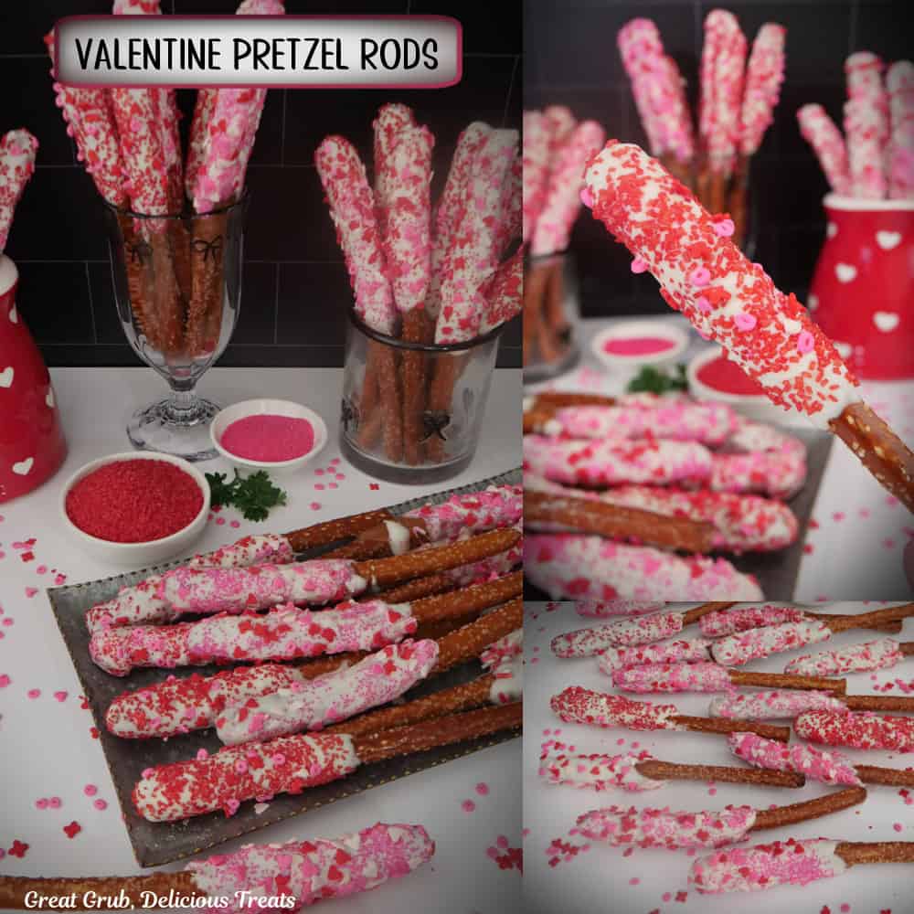 A three collage photo of Valentine pretzel rods with a title overlay at the top.