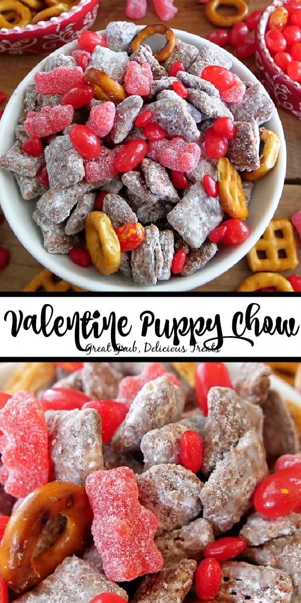 Valentine Puppy Chow Mix is a delicious snack that is filled with cinnamon candies, chocolate chips, pretzels, and coated in powdered sugar. A double photo of Valentine Muddy Buddies also called puppy chow.