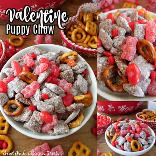 Valentine Puppy Chow Mix is an easy and simple snack that you can make in a matter of just a few minutes. A three collage photo of Valentine Puppy Chow snack mix.